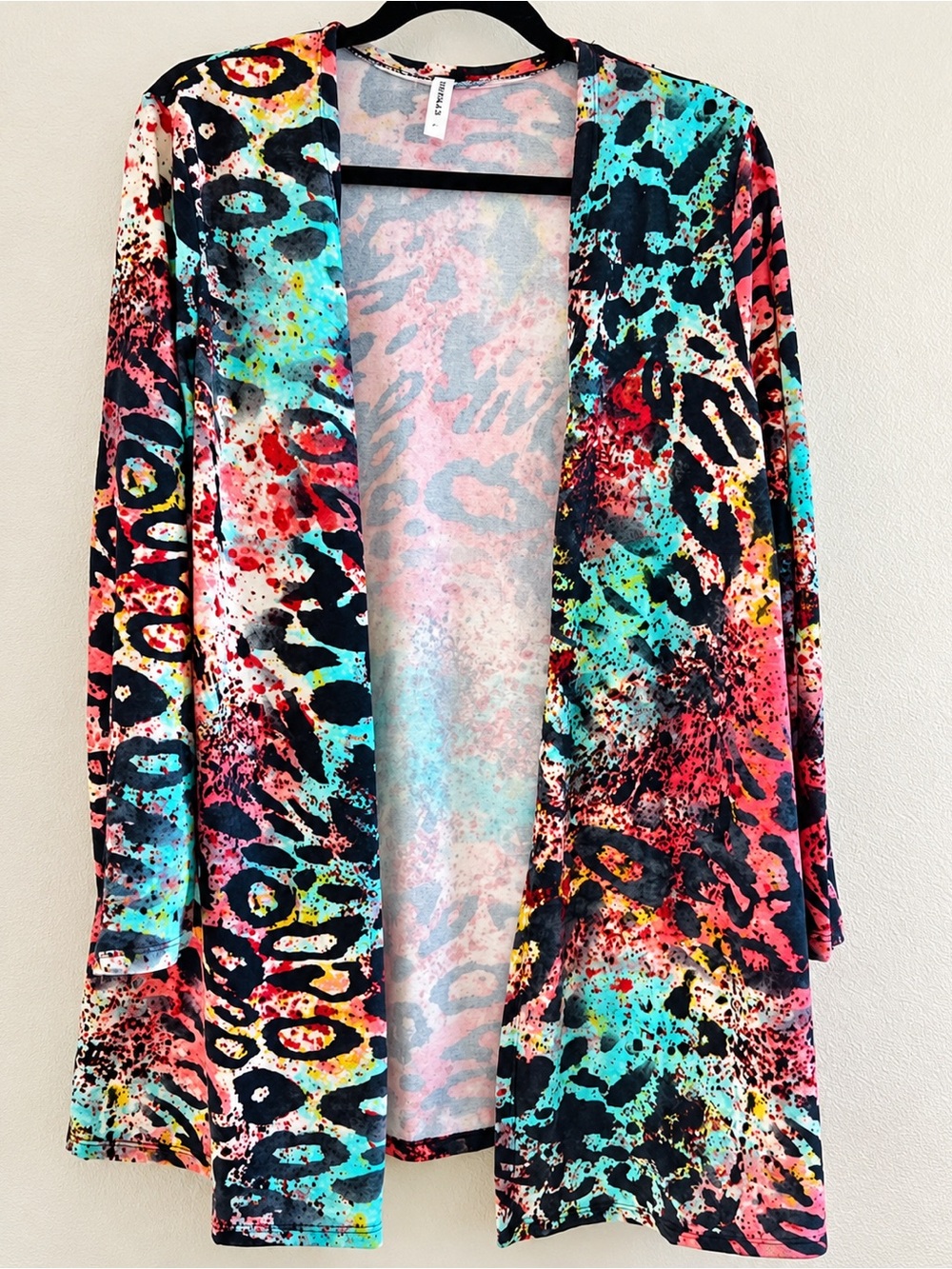 Emerald Open-Front Blazer Jacket in Turquoise, Coral & Black Abstract Print